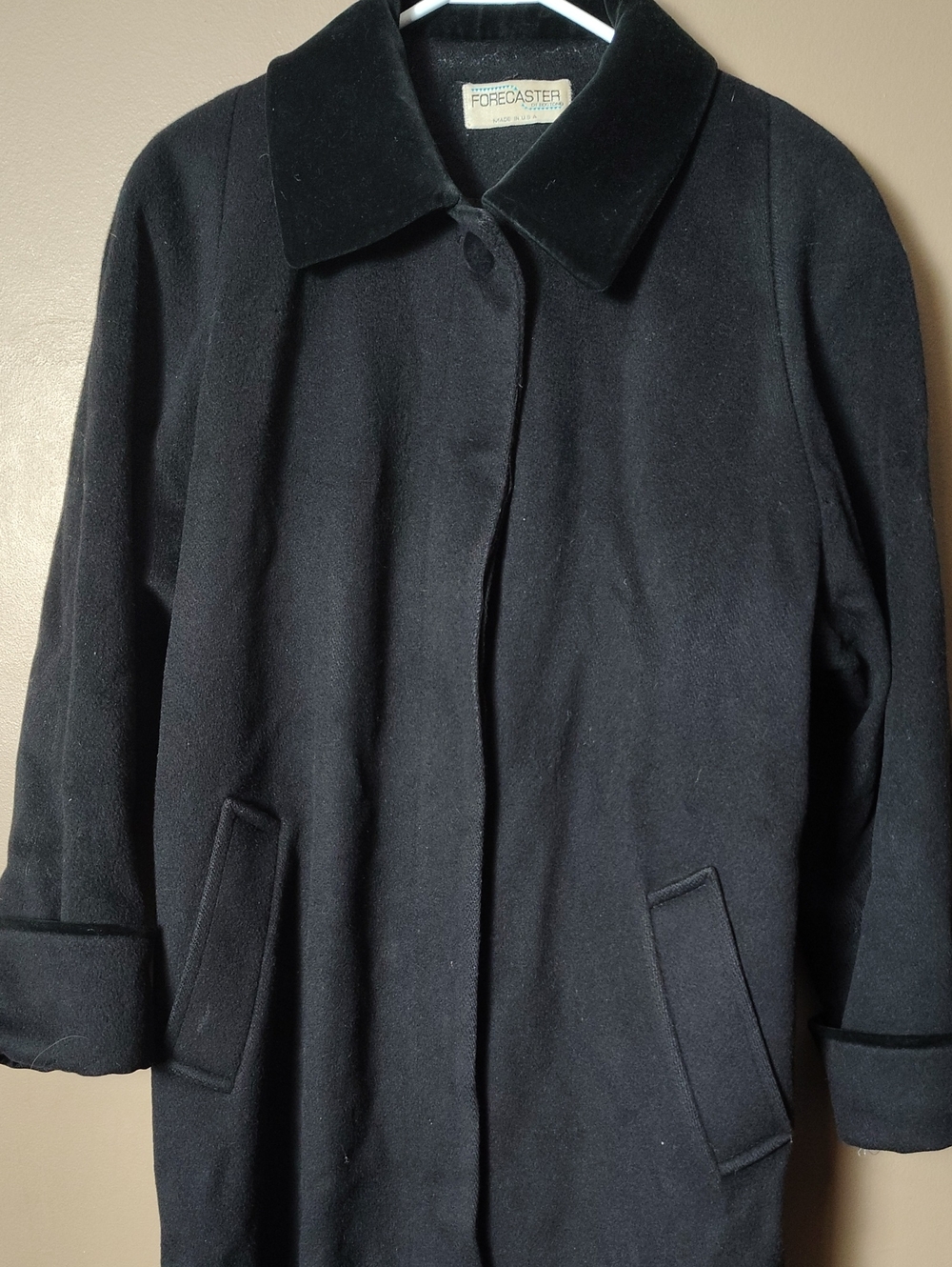 Forecaster Long Black Full Button Lined Wool Coat W Velour Collar Size 12 - Picture 6 of 9